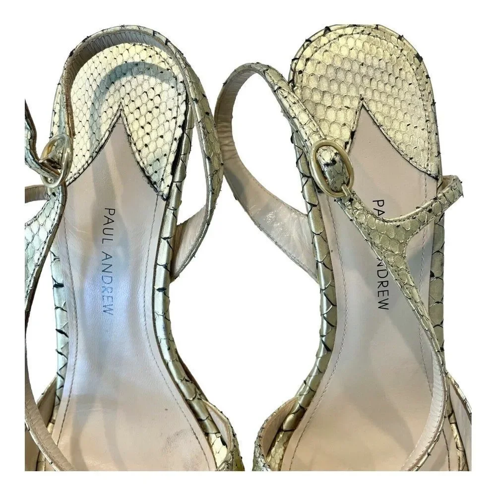 Paul Andrew Italy Gold Snakeskin Leather Strappy Platform Stiletto Sandals 37 EU